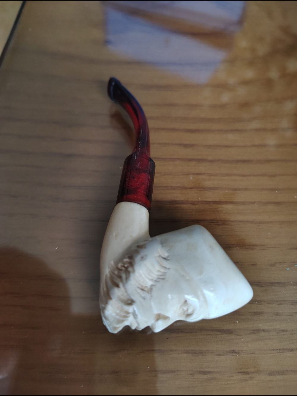 Carved Meerschaum Tobacco Pipe with Red Stem
